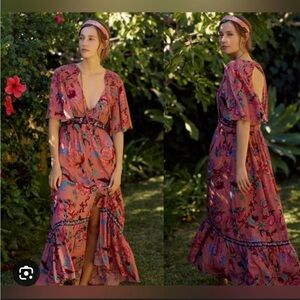 Anthropologie Ruffled Embroidered Pink Floral Maxi Dress XL